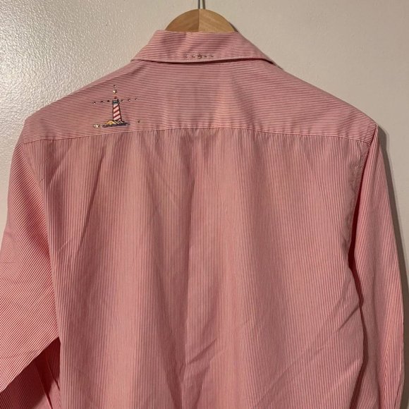 SHIPSHE Pinstripe Lighthouse Patches Longlsleeve Collared Shirt Sz S - Picture 7 of 8